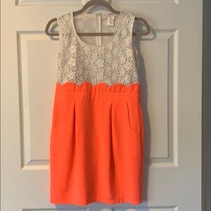 Neon coral and white lace cocktail dress